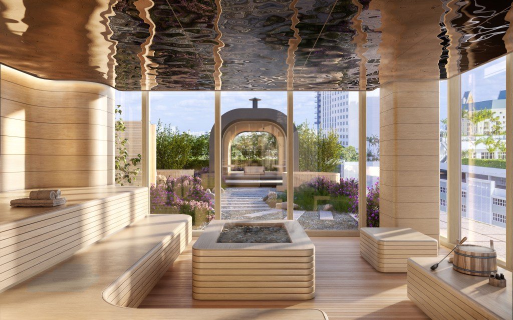 A sauna room with a garden view in the inhabitants of the Fort Lauderdale Obelle in the Miami Boat Show Technology area