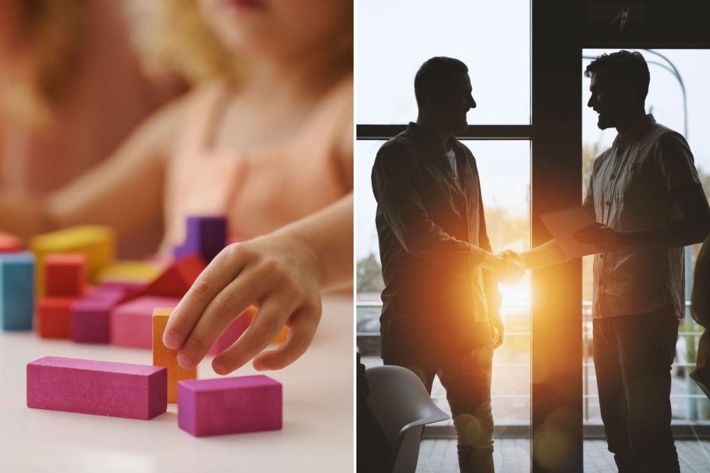 A collage of a child who plays with blocks, representing childhood qualities that cause adults financially successfully